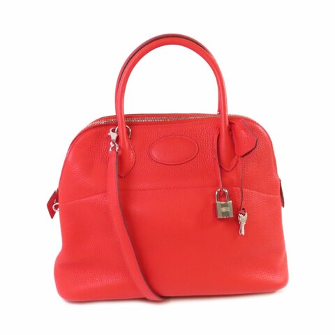 HERMES 【激減優惠】Clemence皮革Bolide 31 2Way Hand Bag銀扣手挽肩背兩用袋Rouge Casaque法拉利紅色