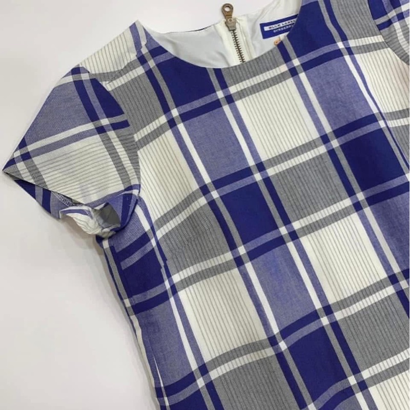 Burberry Blue Label 藍白格子棉麻拉鍊洋裝-3