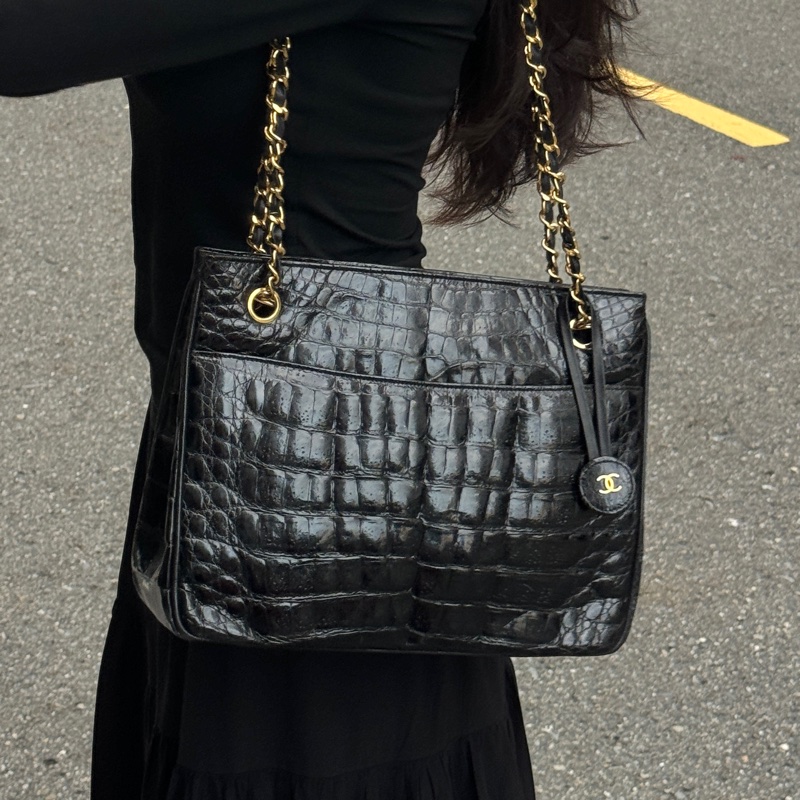 （稀世珍寶 真鱷魚皮🐊） Chanel 香奈兒 真鱷魚皮 黑金托特包 單肩包 肩背包-0