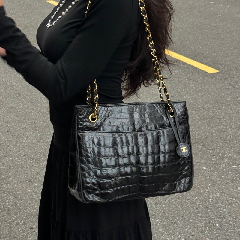 （稀世珍寶 真鱷魚皮🐊） Chanel 香奈兒 真鱷魚皮 黑金托特包 單肩包 肩背包-4