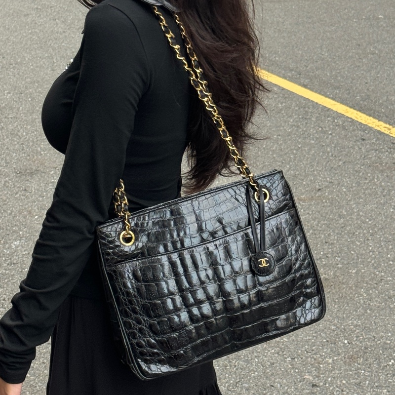 （稀世珍寶 真鱷魚皮🐊） Chanel 香奈兒 真鱷魚皮 黑金托特包 單肩包 肩背包-5