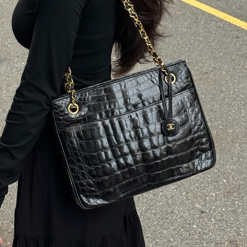 （稀世珍寶 真鱷魚皮🐊） Chanel 香奈兒 真鱷魚皮 黑金托特包 單肩包 肩背包-6