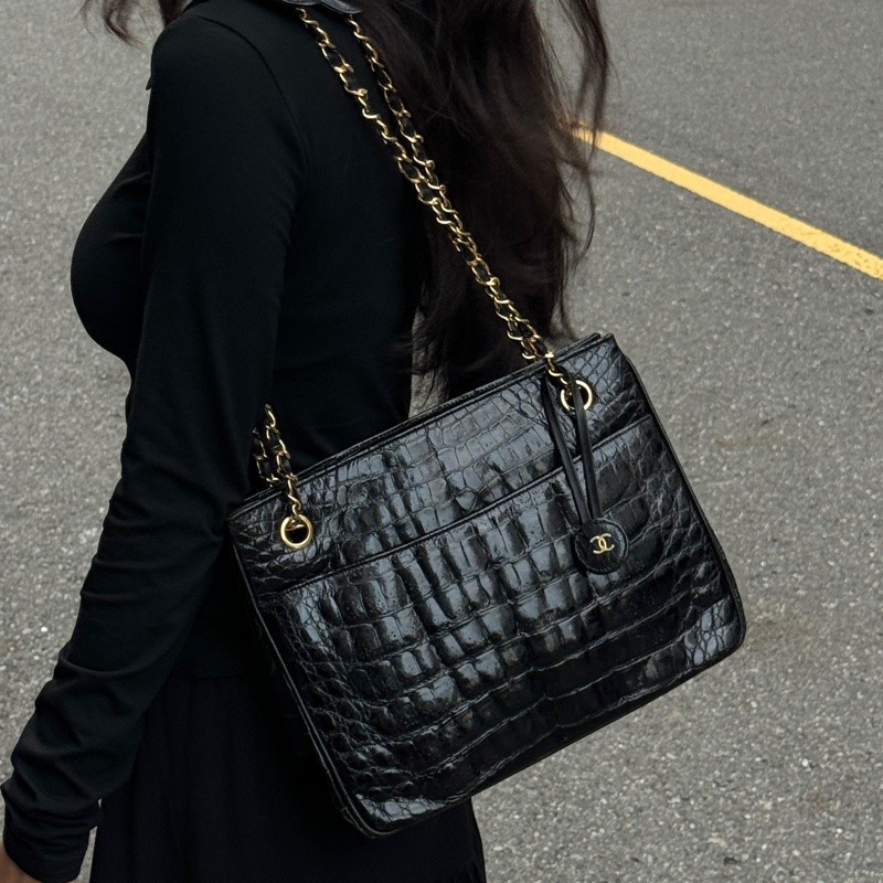 （稀世珍寶 真鱷魚皮🐊） Chanel 香奈兒 真鱷魚皮 黑金托特包 單肩包 肩背包-39