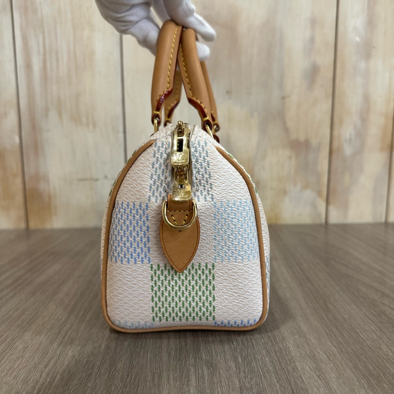 Louis Vuitton N40515米白底帆布藍綠棋盤格Speedy 20斜背包 迷你波士頓-24