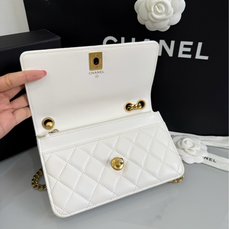 「M.Y精品」香奈兒 Chanel 白色 金柱 woc 白金-15