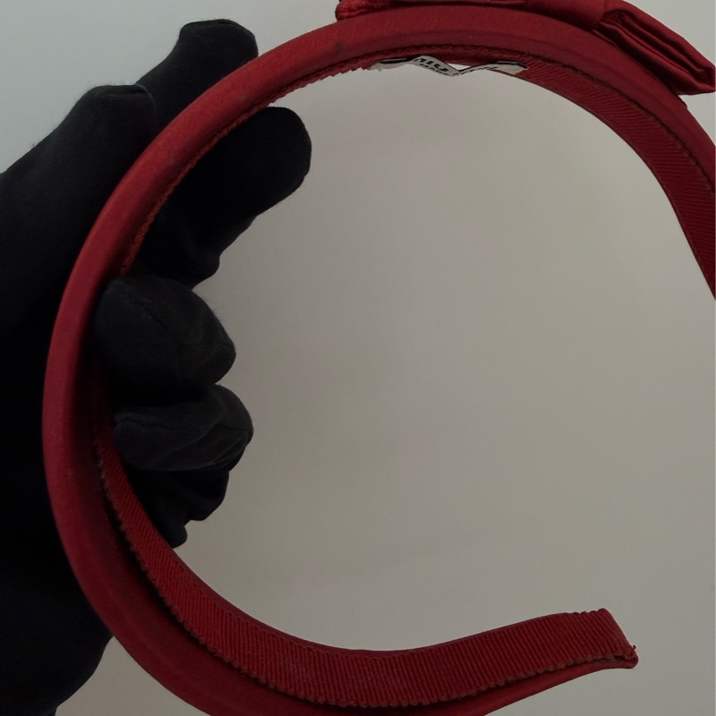二手MiuMiu暗紅色緞面蝴蝶結寬版髮圈-14