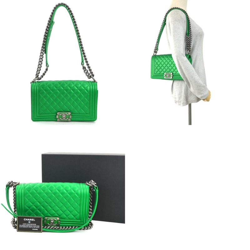 CHANEL 單肩包男孩香奈兒皮革綠色女式 90009f-4