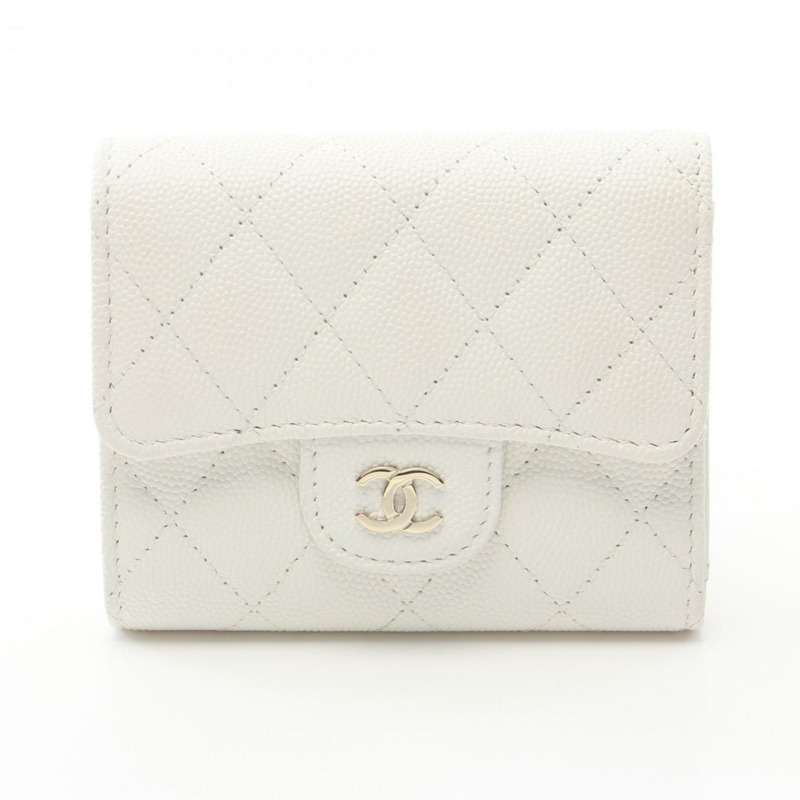 CHANEL 經典小翻蓋皮夾三折皮革粒面小牛皮女式白色 AP0231-1