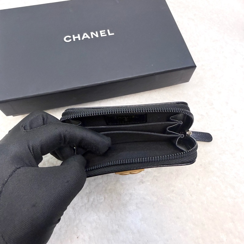 香奈兒Chanel黑金荔枝boyㄇ拉零錢卡包A80602-7