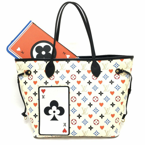 路易威登 M57462 Game On Monogram Neverfull MM 撲克牌托特包帆布女式白色多色