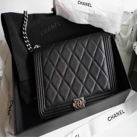 香奈兒CHANEL leboy woc 荔枝牛皮黑銀