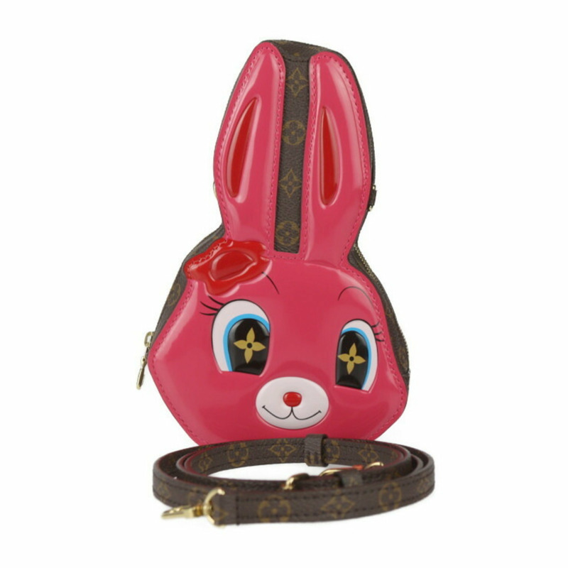 LOUIS VUITTON 路易威登 Animogram 鏈條皮夾 M11452 Monogram 帆布閃亮小牛皮棕色粉紅兔子手拿包-0