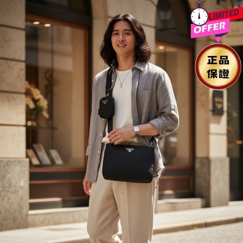 ⏰限時特賣價🌺Prada 2VH120 大款環保再生尼龍雙層斜背包 附萬用袋掛飾-0