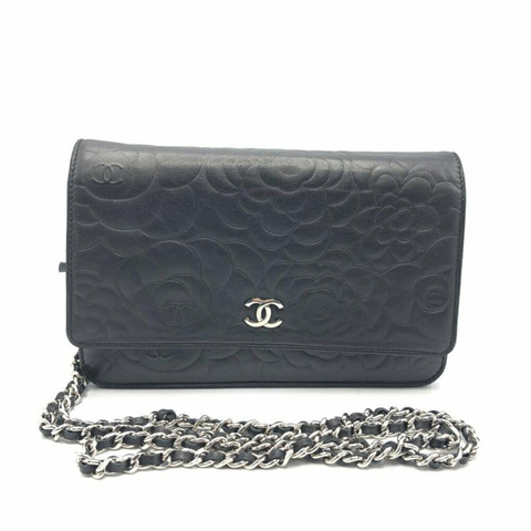 CHANEL 山茶花鏈條錢包 黑色 角帶 Chanel