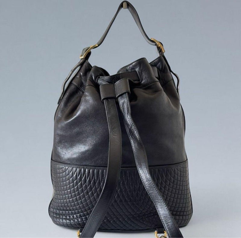 80年代 BALLY 小羊皮立體菱格車線大容量2way側肩包水桶包後背包-9