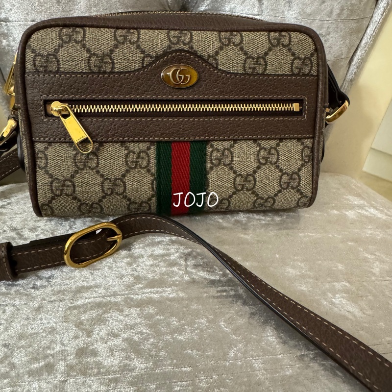GUCCI橢圓 雙G斜背包/咖牛皮邊 古金雙G中間綠紅斜背包❤️不定時給優惠-3