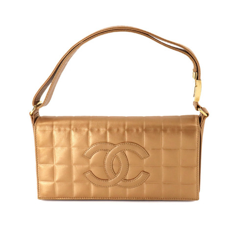 CHANEL 巧克力棒肩包，皮革，金色，金色五金配件 包袋