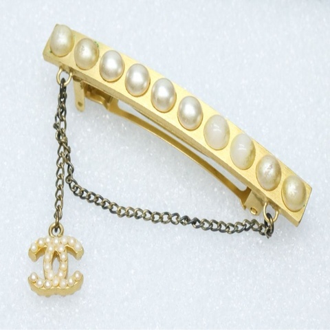 【LA LUNE】稀有中古二手Chanel金色珍珠Logo吊飾髮夾髮飾胸針心口針飾品禮物
