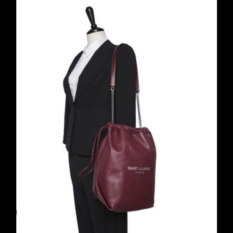 🔥年終狂降🔥【限時降價只到12/31（原18,800）】【8成新】㊣✨YSL✨（附防塵袋）SAINT LAURENT 聖羅蘭 TEDDY 酒紅 小羊皮 抽繩 束口 水桶包 肩背包 子母包 鏈條包 /二手精品/保證正品🌳二手樹屋🌳-40