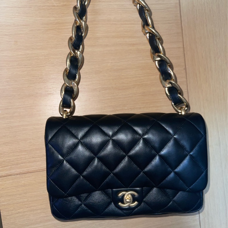 CHANEL 香奈兒 黑色羊皮金鍊粗鍊條CF口蓋包（日本 Brand Off 台灣店購入）-4