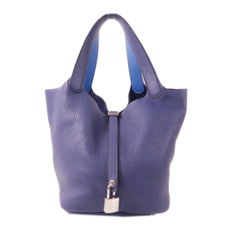 HERMES Clemence皮革Picotin Lock Eclat MM銀扣手挽袋Bleu Encre藍色-0