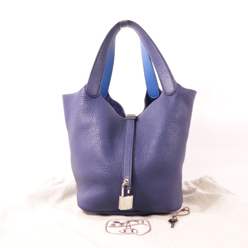 HERMES Clemence皮革Picotin Lock Eclat MM銀扣手挽袋Bleu Encre藍色-14