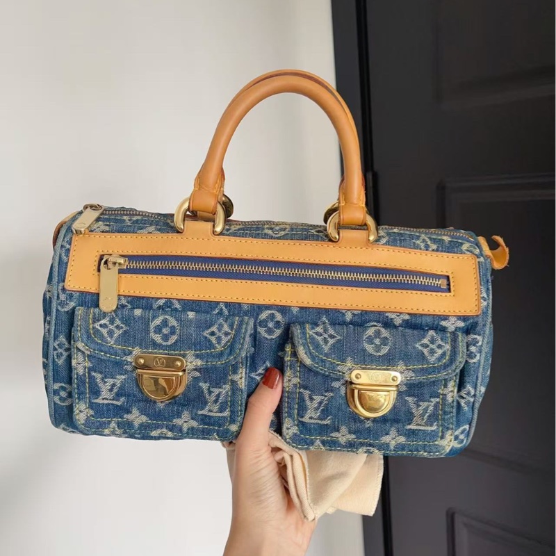 LV藍色丹寧牛仔波士頓手提包 配件塵袋 可斜背 98新-0