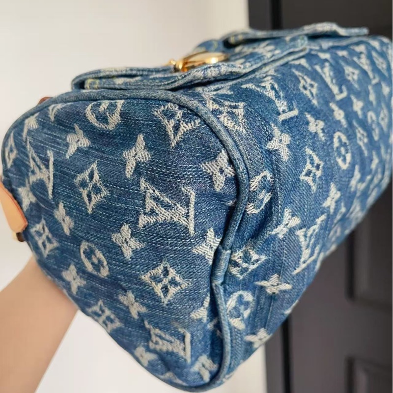 LV藍色丹寧牛仔波士頓手提包 配件塵袋 可斜背 98新-3
