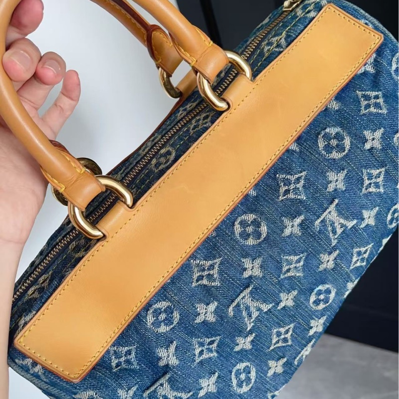 LV藍色丹寧牛仔波士頓手提包 配件塵袋 可斜背 98新-6