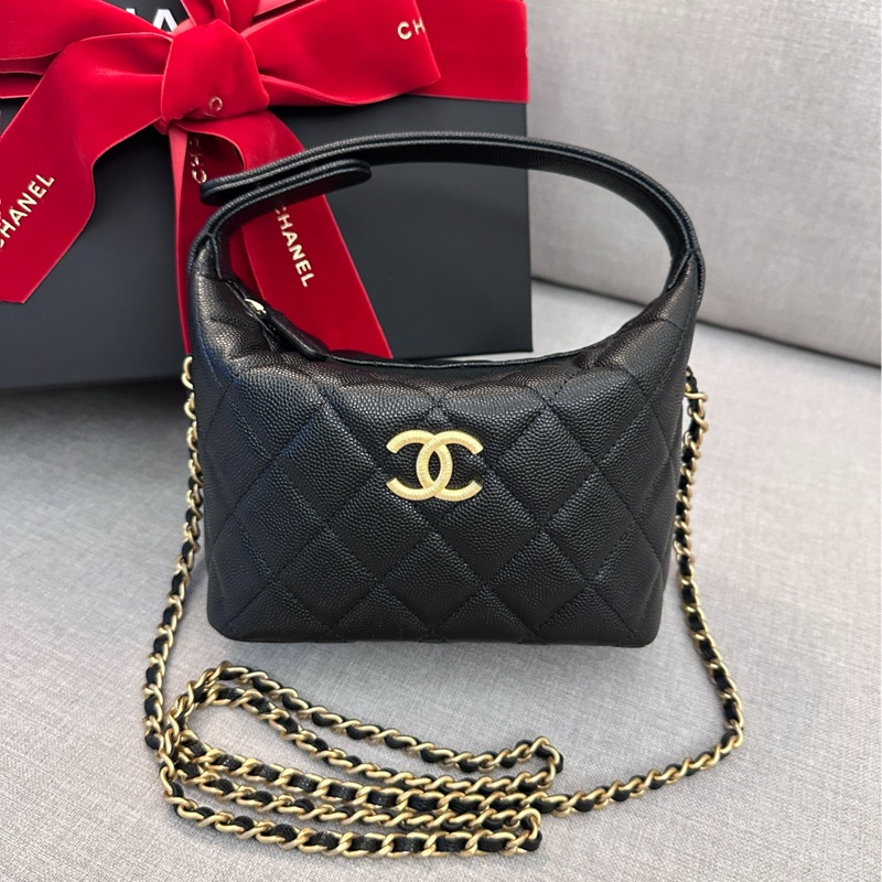 Chanel Hobo 飯盒包 拉絲LOGO 黑金荔枝牛皮-0