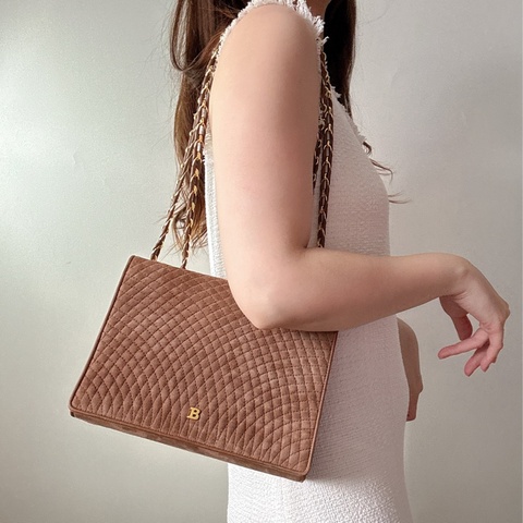 中古 Bally 菱格紋麂皮 兩用手袋 棕色