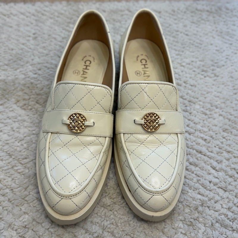 Chanel 金幣雙C 奶白粗跟樂福鞋 香奈兒樂福鞋 金幣樂福鞋-6