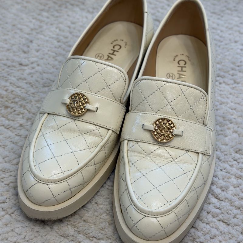Chanel 金幣雙C 奶白粗跟樂福鞋 香奈兒樂福鞋 金幣樂福鞋-7