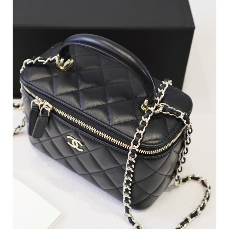 [全新］「急售！特價12.5萬」香奈兒CHANEL新手入坑小香首選手柄羊皮稀有黑銀長盒子化妝包-3