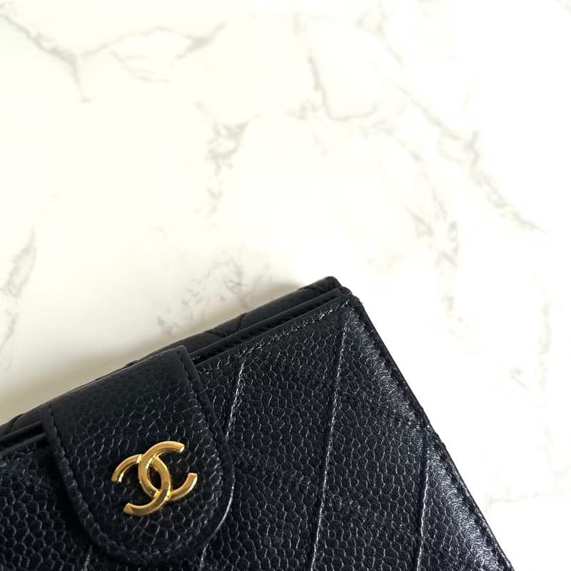 【LA LUNE】中古二手Chanel雙面魚子醬皮革黑色短夾銀錢小包手袋 Vintage-4