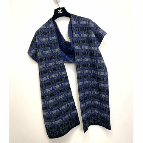 CHANEL 深寶藍x黑灰棋盤毛呢羊絨圍巾 厚款cashmere