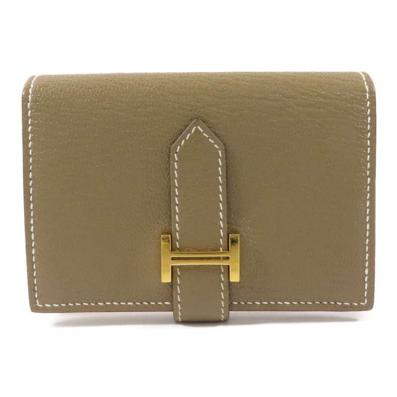 HERMES Chevre皮革Bearn Mini Wallet金扣錢包Etoupe-0
