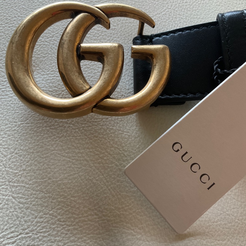 🥳 GUCCI AP00T黑色皮革G G金扣皮帶 男女都適合-9