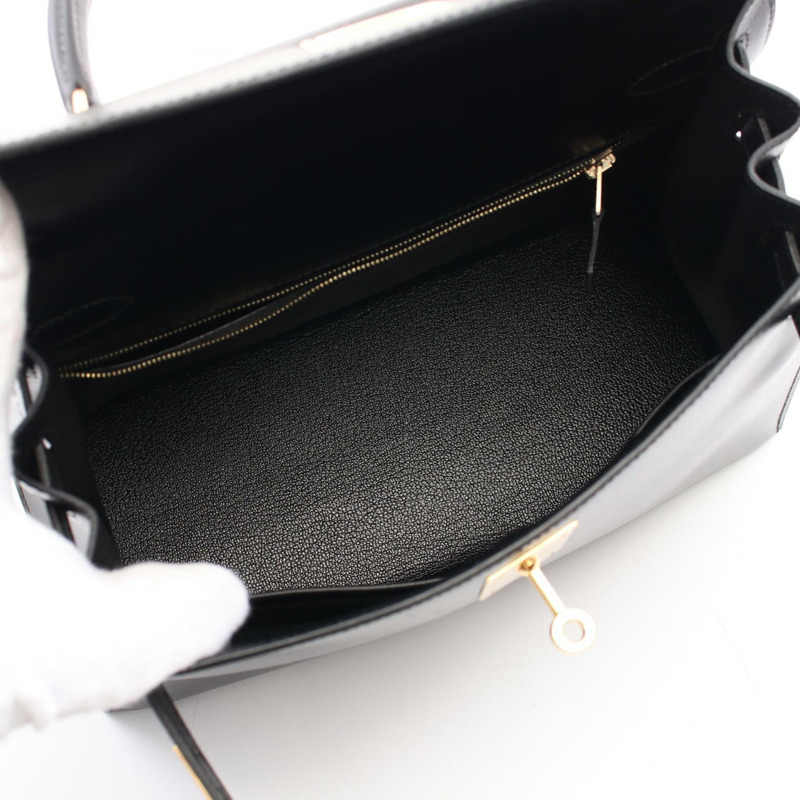 愛馬仕 Kelly 28 兩用單肩包 手提包 盒形小牛皮 黑色 二手 女款 GHW E-2