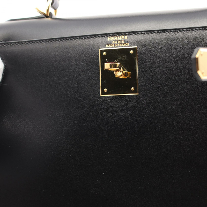 愛馬仕 Kelly 28 兩用單肩包 手提包 盒形小牛皮 黑色 二手 女款 GHW E-6