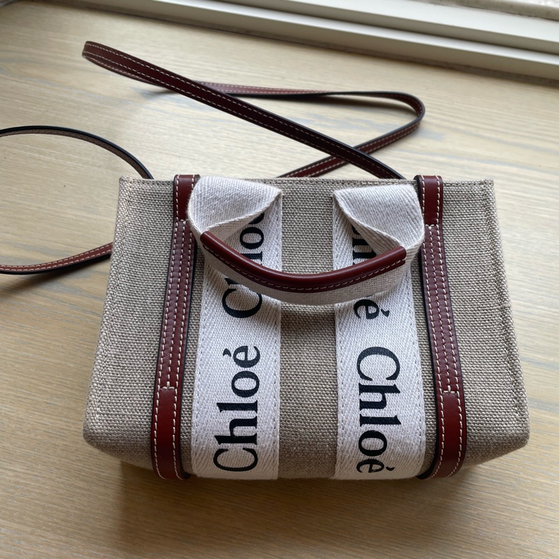 CHLOE Woody 小號帆布拼牛皮手提/斜背二用托特包-18