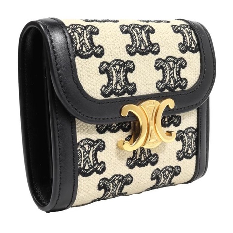 💝FuFu.Style ⟡.·* Celine *稀有*皮革x麻布材質凱旋門短夾錢包