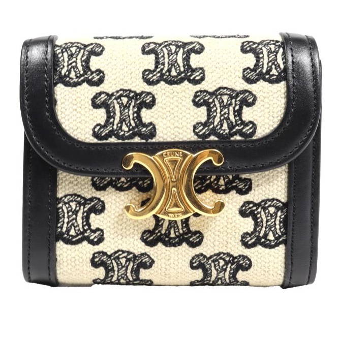 💝FuFu.Style ⟡.·* Celine *稀有*皮革x麻布材質凱旋門短夾錢包-1