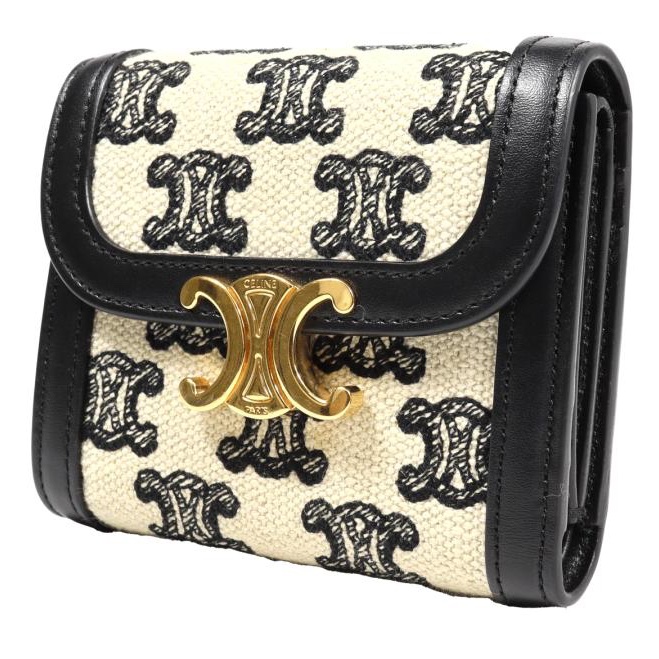 💝FuFu.Style ⟡.·* Celine *稀有*皮革x麻布材質凱旋門短夾錢包-2