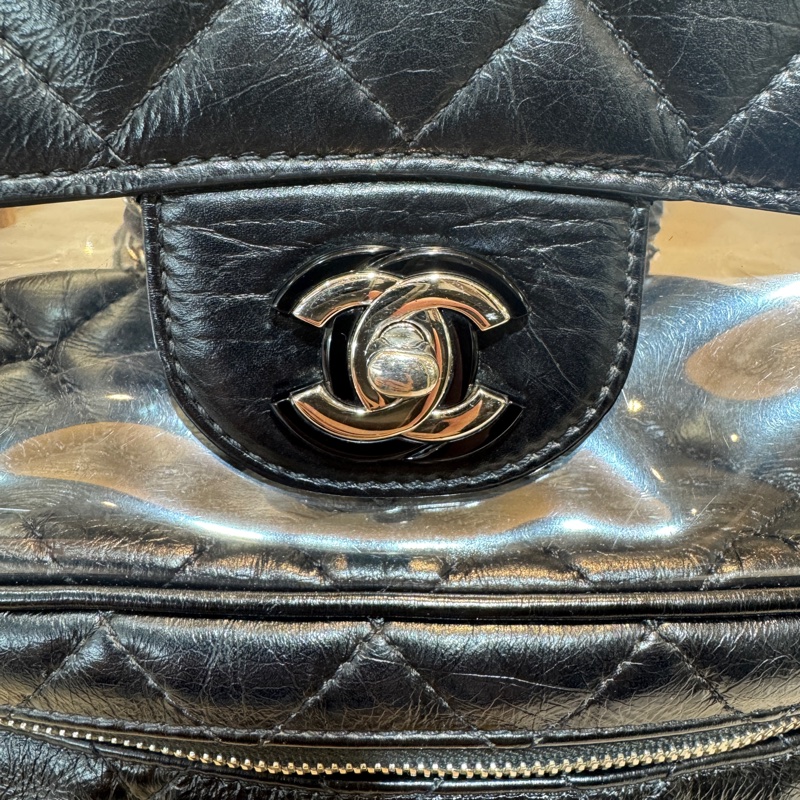 Chanel黑銀揉製牛皮透明後背包A57826-16
