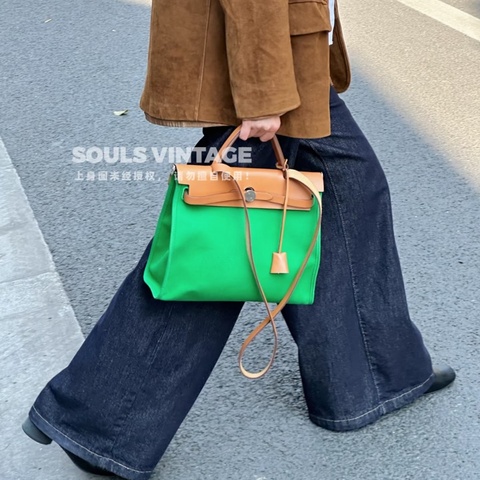愛馬仕 Hermes Herbag 31 竹子綠帆布拼自然色牛皮手提包｜Kelly風格經典款
