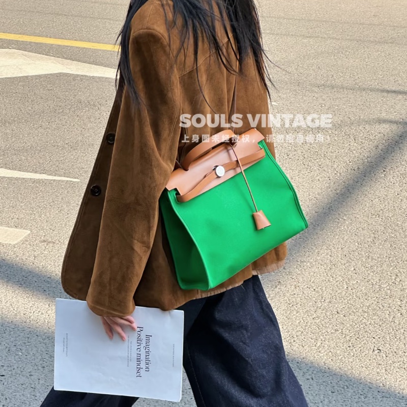 愛馬仕 Hermes Herbag 31 竹子綠帆布拼自然色牛皮手提包｜Kelly風格經典款-1
