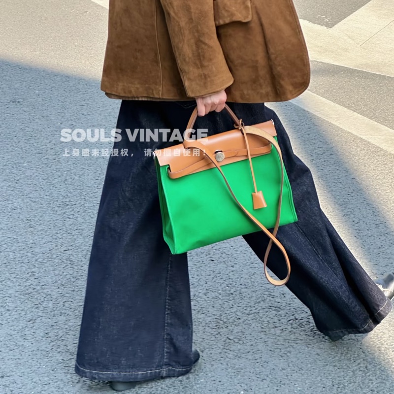 愛馬仕 Hermes Herbag 31 竹子綠帆布拼自然色牛皮手提包｜Kelly風格經典款-2