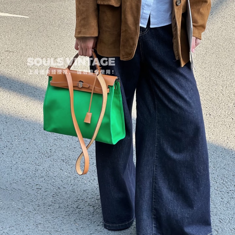 愛馬仕 Hermes Herbag 31 竹子綠帆布拼自然色牛皮手提包｜Kelly風格經典款-3