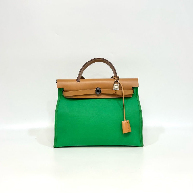 愛馬仕 Hermes Herbag 31 竹子綠帆布拼自然色牛皮手提包｜Kelly風格經典款-4